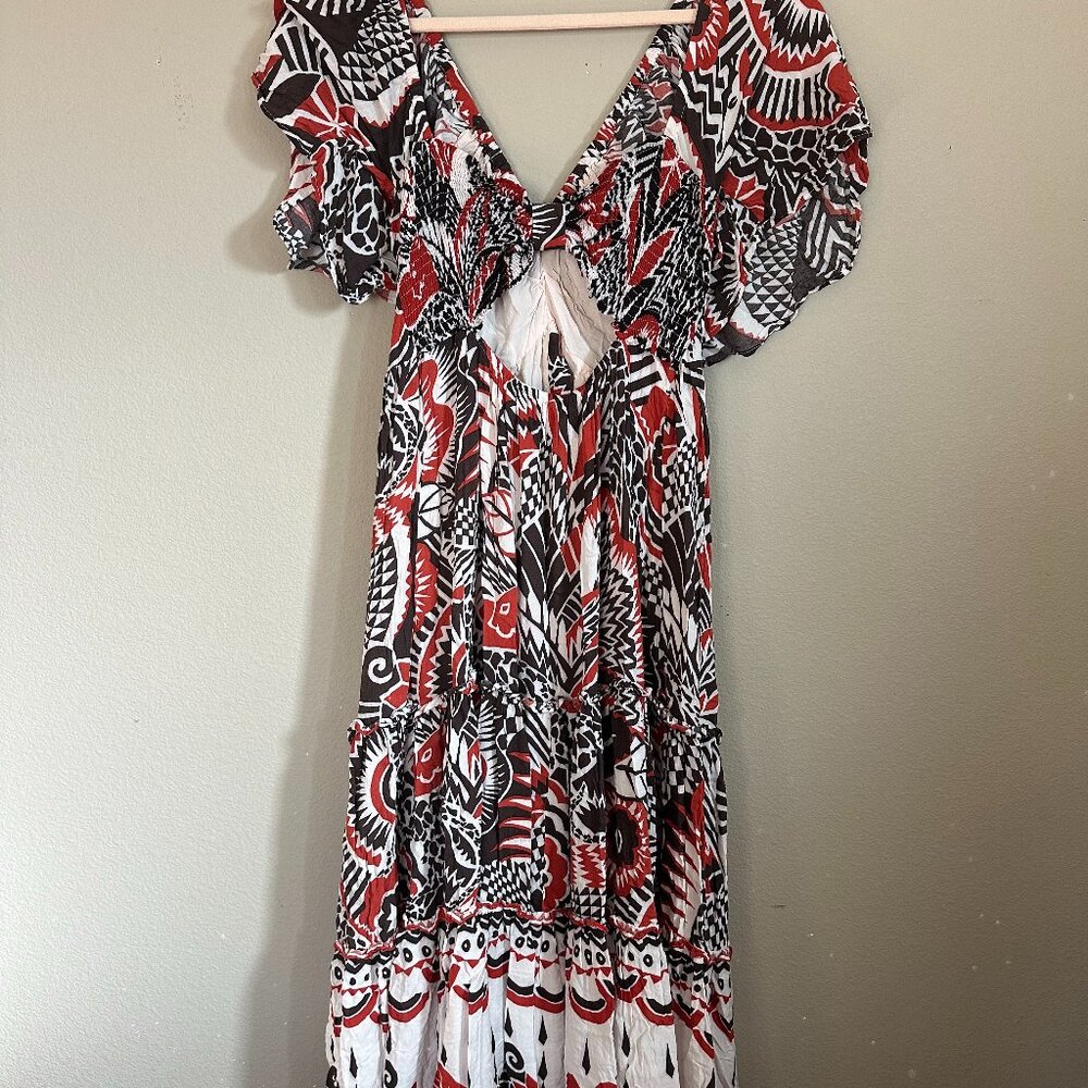 Anthropologie Tiered Maxi Dress V Neck Flutter Sleeve Southwestern Size M - Picture 7 of 11